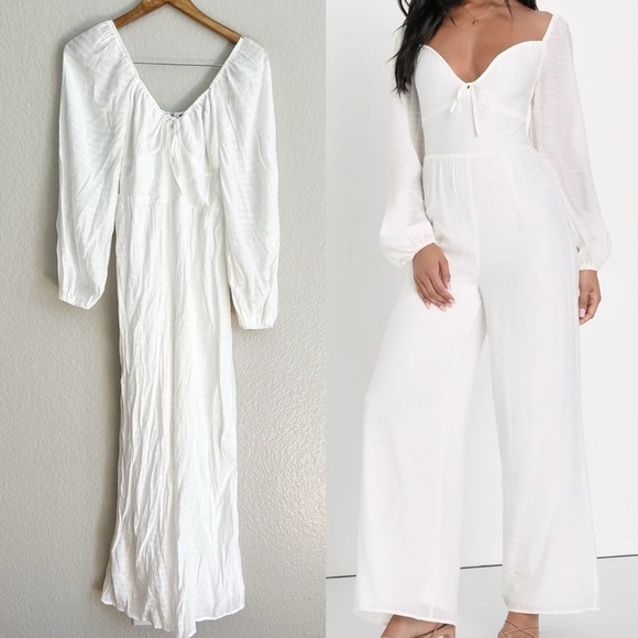 Effortlessly Adored White Balloon Sleeve Wide-Leg Jumpsuit - Picture 1 of 10